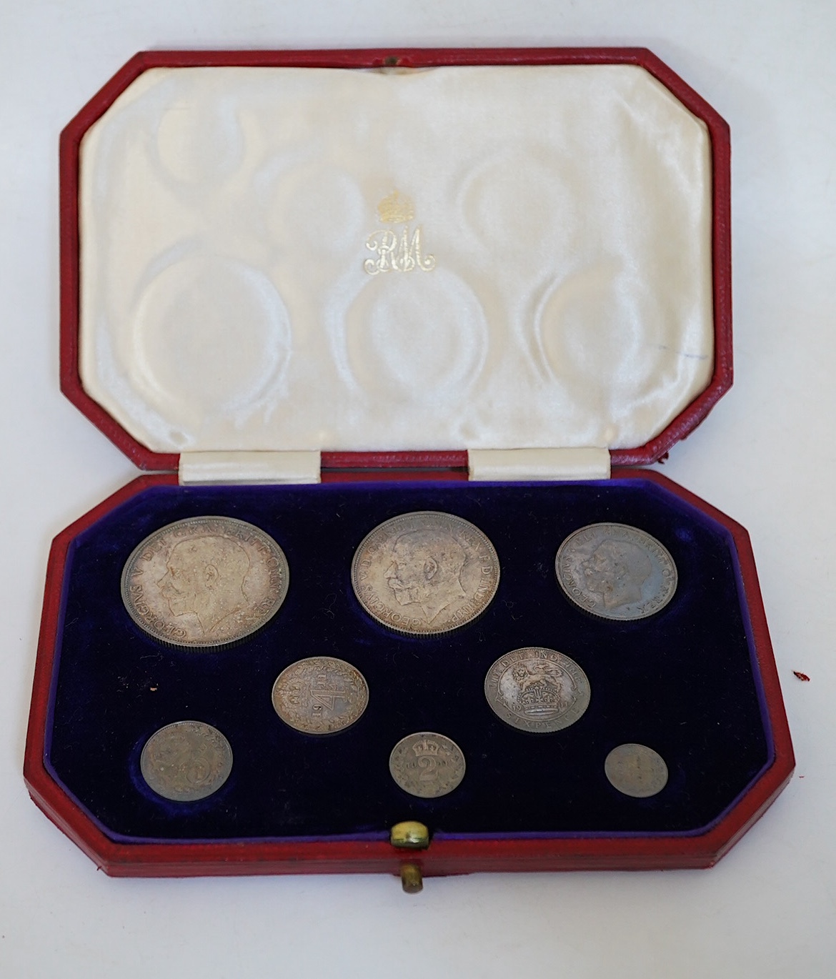 British Silver Coins, George V coronation specimen eight coin set, 1911, ranging from halfcrown to maundy penny, in case of issue